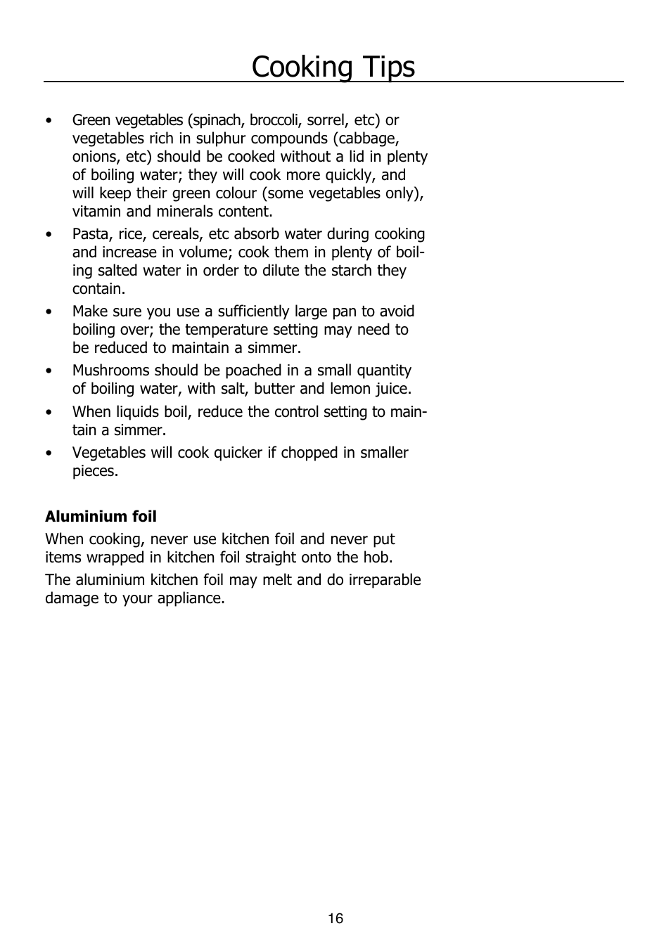 Cooking tips | Glen Dimplex Home Appliances Ltd PBI60R User Manual | Page 16 / 28