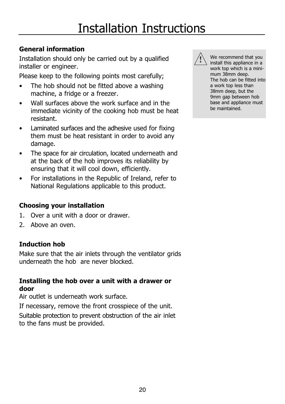 Installation instructions | Glen Dimplex Home Appliances Ltd PBI60R User Manual | Page 20 / 28