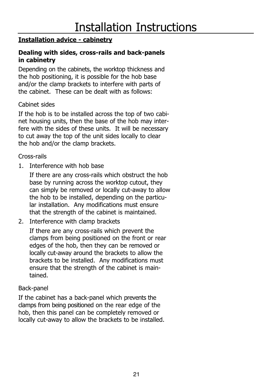 Installation instructions | Glen Dimplex Home Appliances Ltd PBI60R User Manual | Page 21 / 28