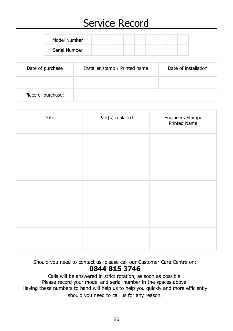 Service record | Glen Dimplex Home Appliances Ltd PBI60R User Manual | Page 26 / 28