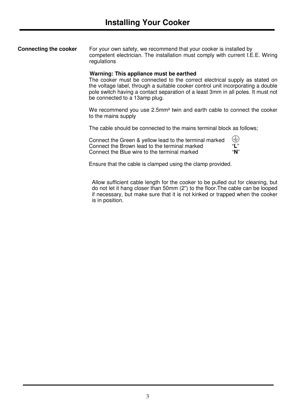 Installing your cooker | Glen Dimplex Home Appliances Ltd 321R User Manual | Page 3 / 8