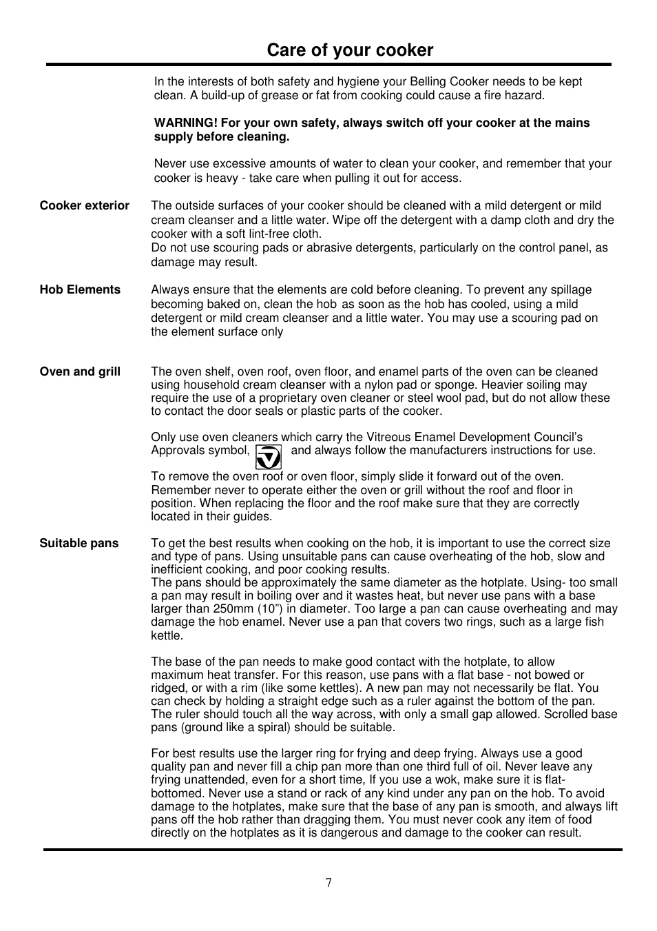 Care of your cooker | Glen Dimplex Home Appliances Ltd 321R User Manual | Page 7 / 8