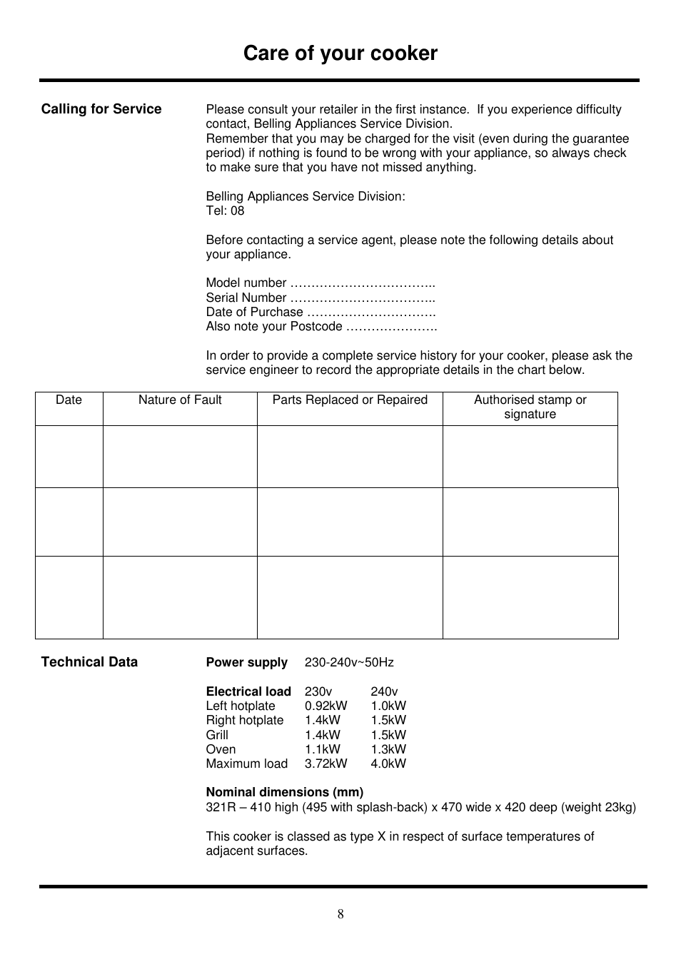 Care of your cooker | Glen Dimplex Home Appliances Ltd 321R User Manual | Page 8 / 8