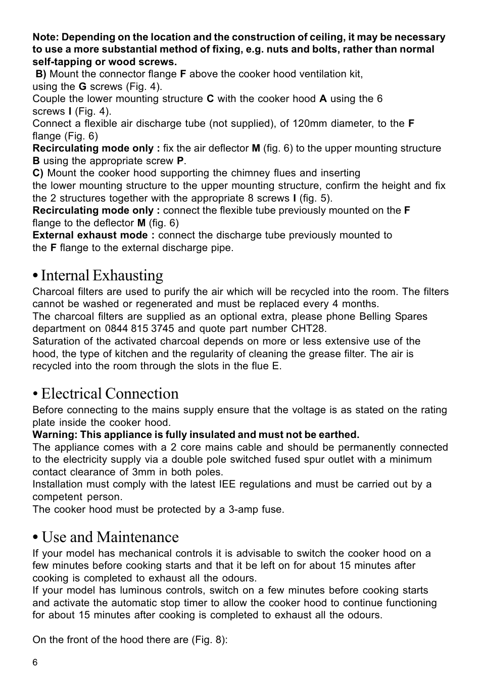 Internal exhausting, Electrical connection, Use and maintenance | Glen Dimplex Home Appliances Ltd DIH900 User Manual | Page 6 / 12