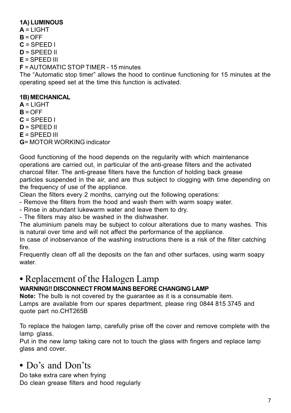 Replacement of the halogen lamp, Do’s and don’ts | Glen Dimplex Home Appliances Ltd DIH900 User Manual | Page 7 / 12
