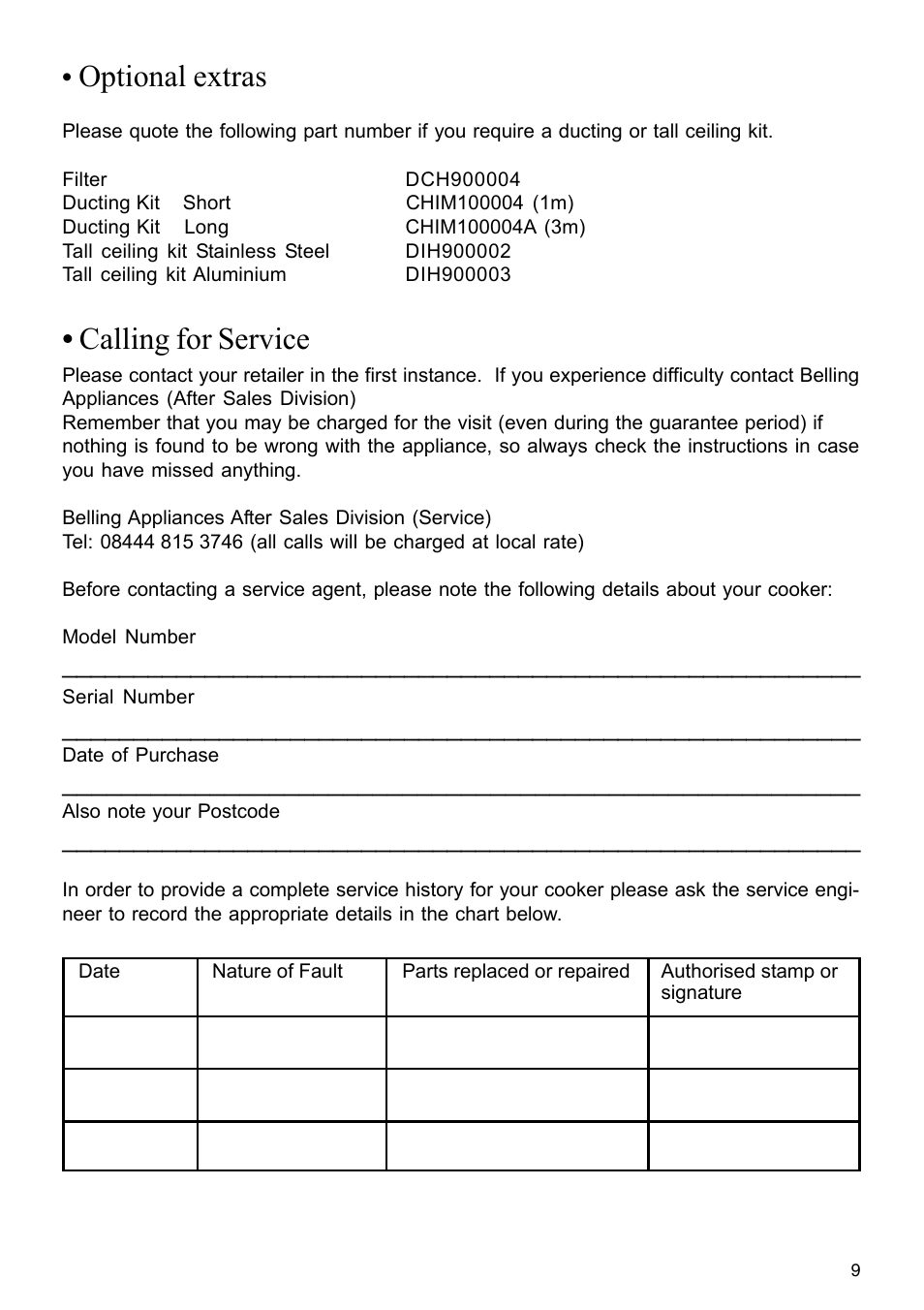 Optional extras, Calling for service | Glen Dimplex Home Appliances Ltd DIH900 User Manual | Page 9 / 12