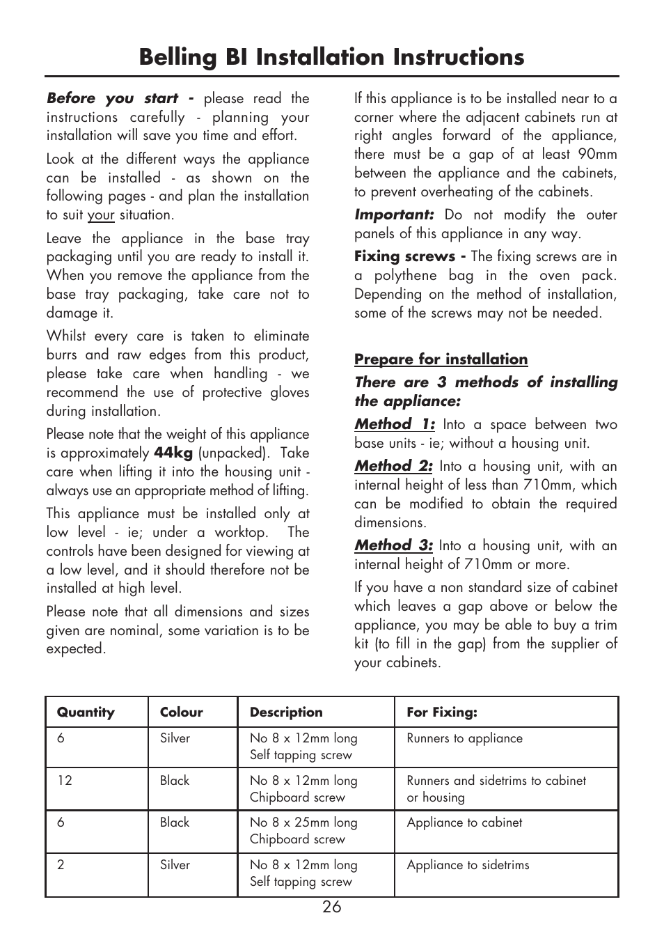 Belling bi installation instructions | Glen Dimplex Home Appliances Ltd BI 70 / 90 FP User Manual | Page 28 / 44