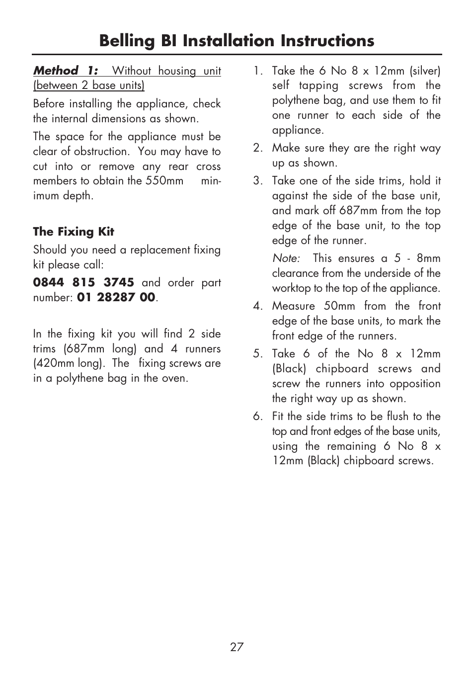 Belling bi installation instructions | Glen Dimplex Home Appliances Ltd BI 70 / 90 FP User Manual | Page 29 / 44