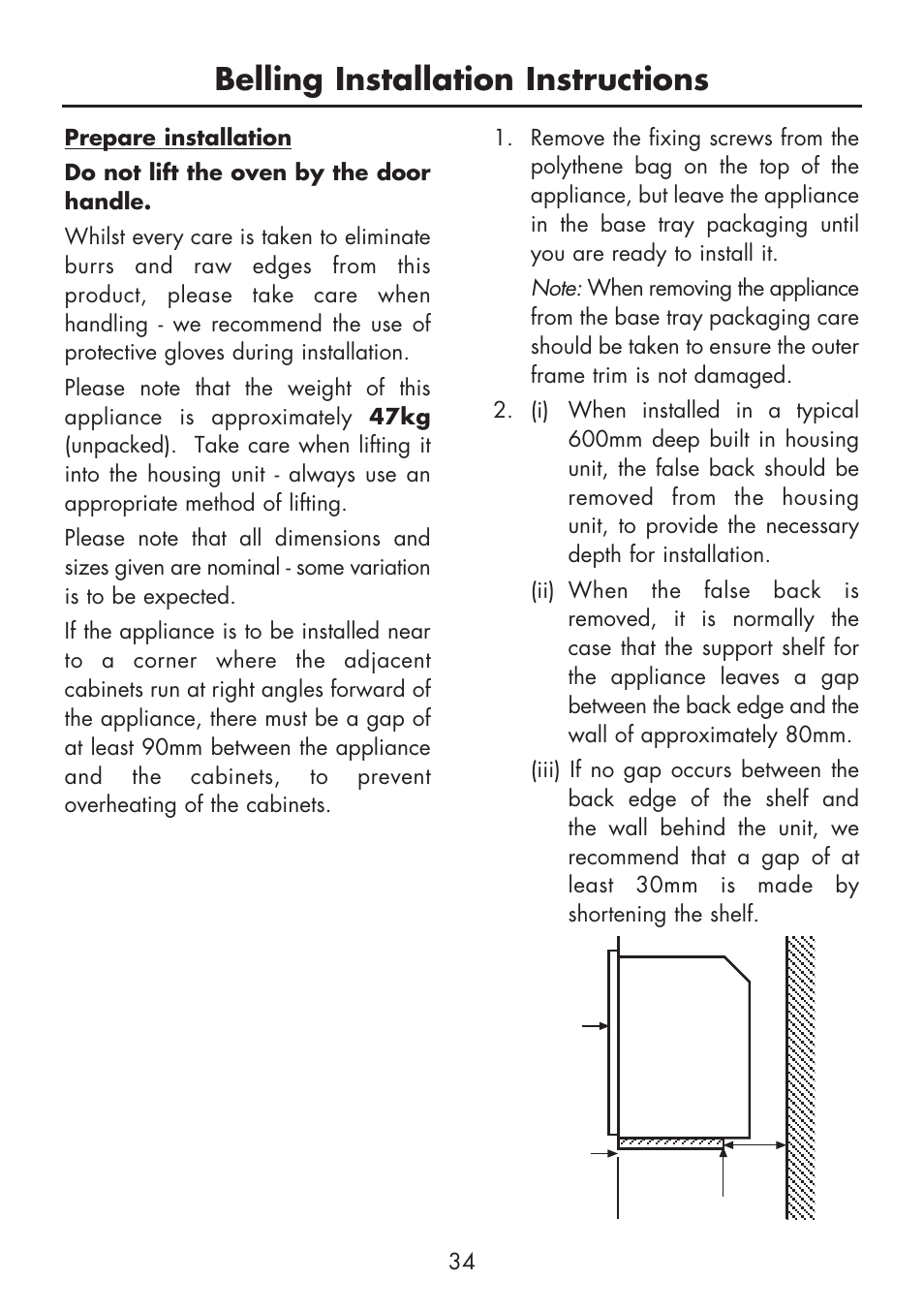 Belling installation instructions | Glen Dimplex Home Appliances Ltd BI 70 / 90 FP User Manual | Page 36 / 44