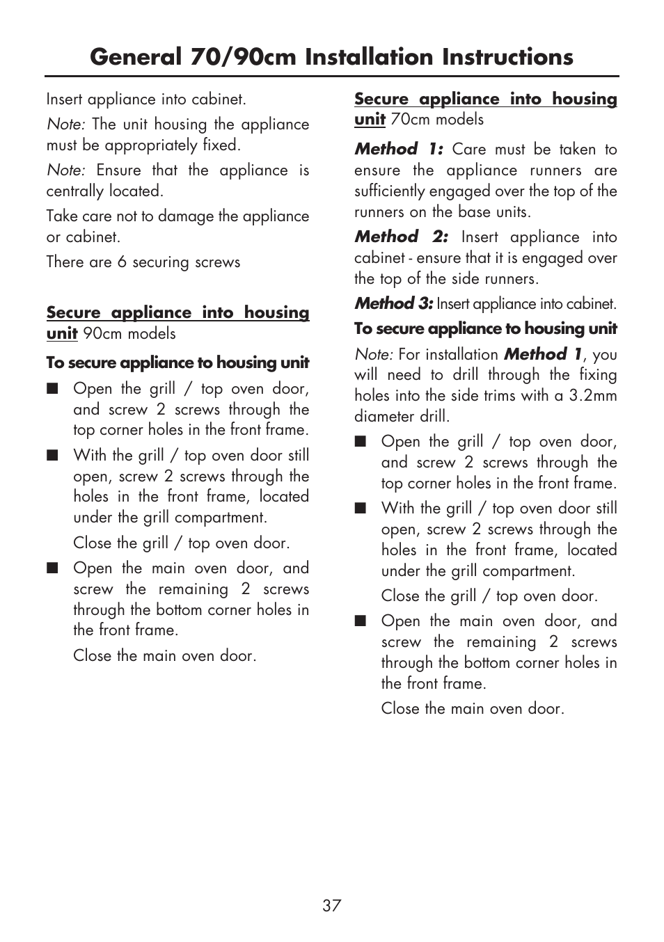 General 70/90cm installation instructions | Glen Dimplex Home Appliances Ltd BI 70 / 90 FP User Manual | Page 39 / 44