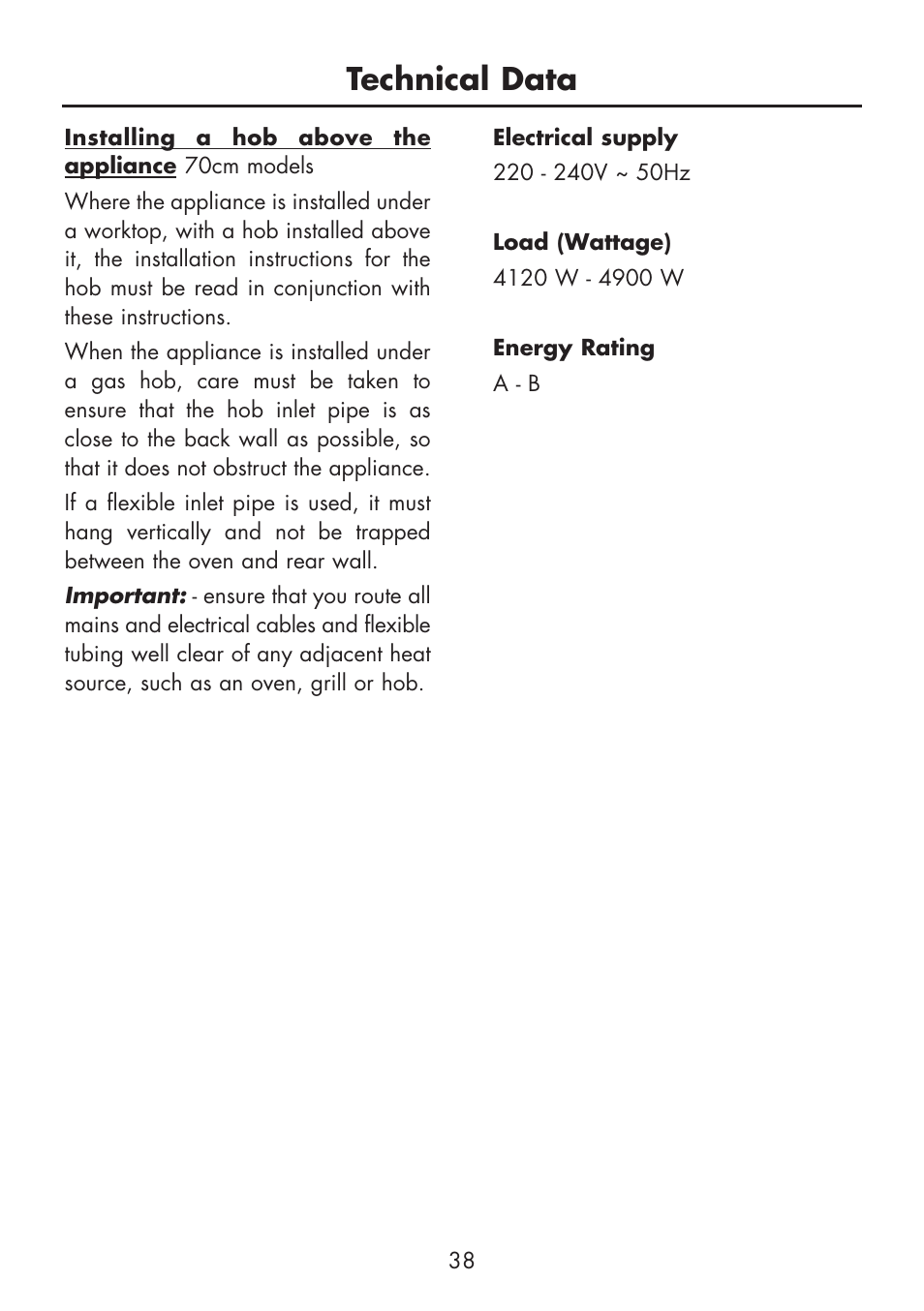Technical data | Glen Dimplex Home Appliances Ltd BI 70 / 90 FP User Manual | Page 40 / 44