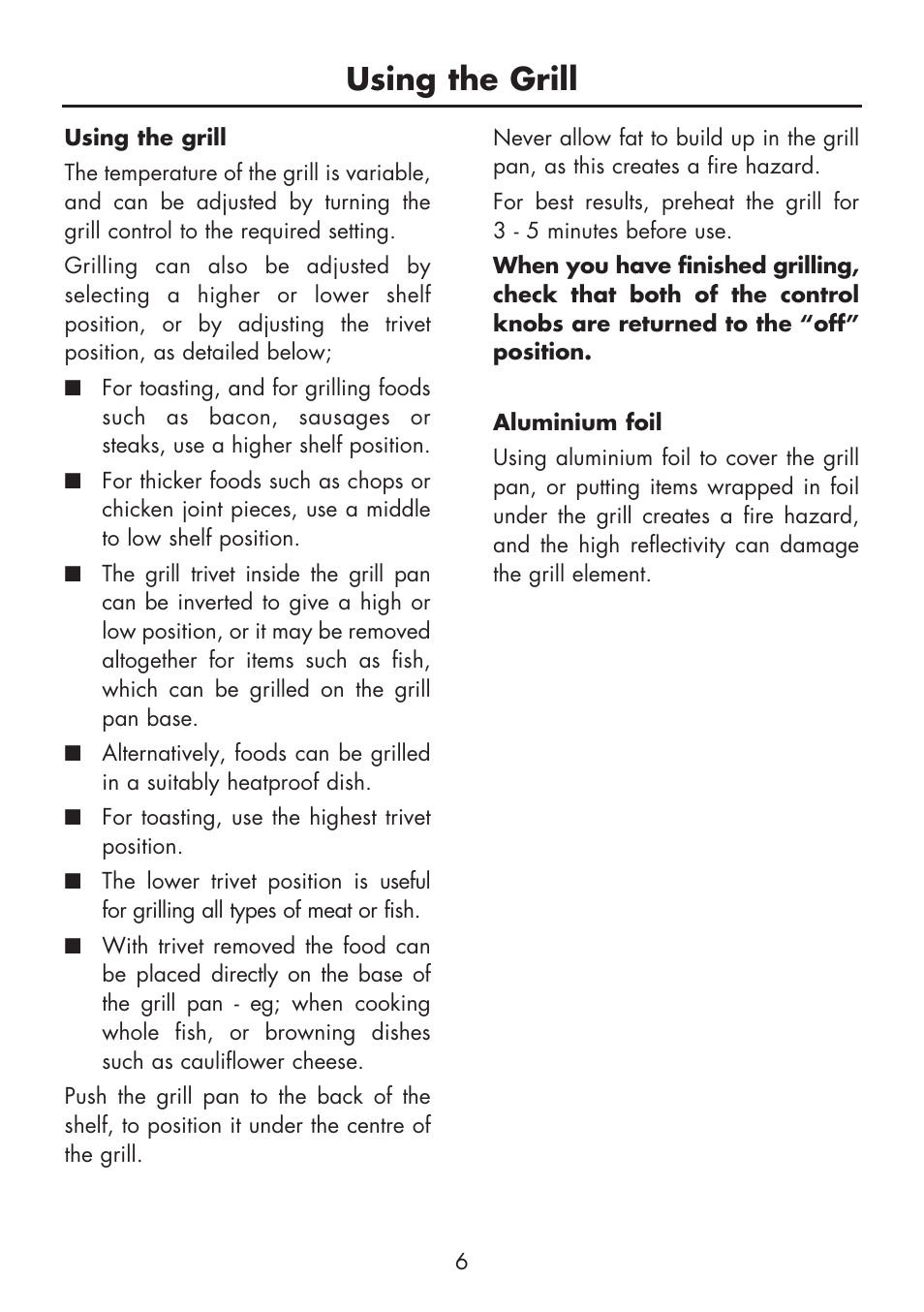 Using the grill | Glen Dimplex Home Appliances Ltd BI 70 / 90 FP User Manual | Page 8 / 44