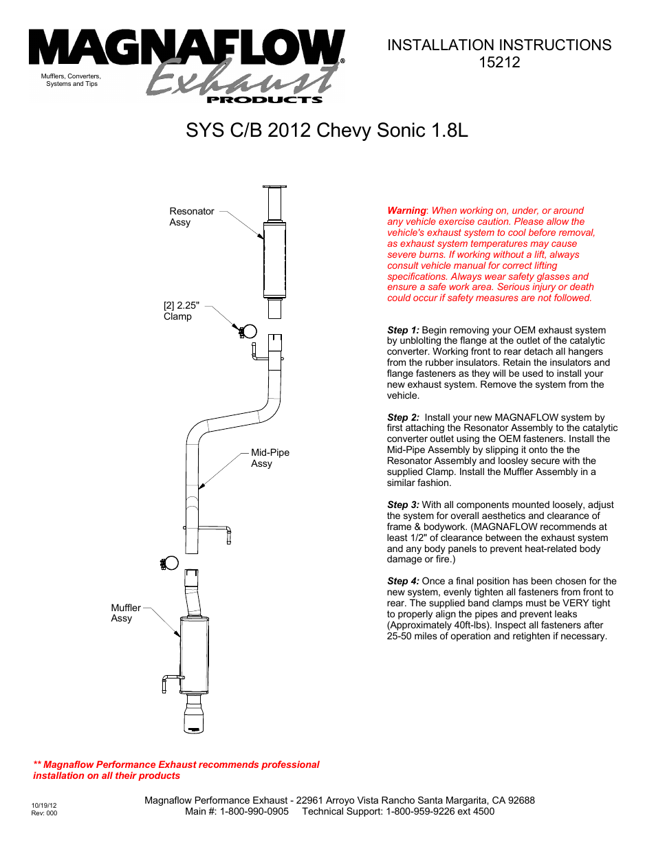 MagnaFlow CHEVROLET SONIC Stainless Cat-Back System PERFORMANCE EXHAUST User Manual | 1 page