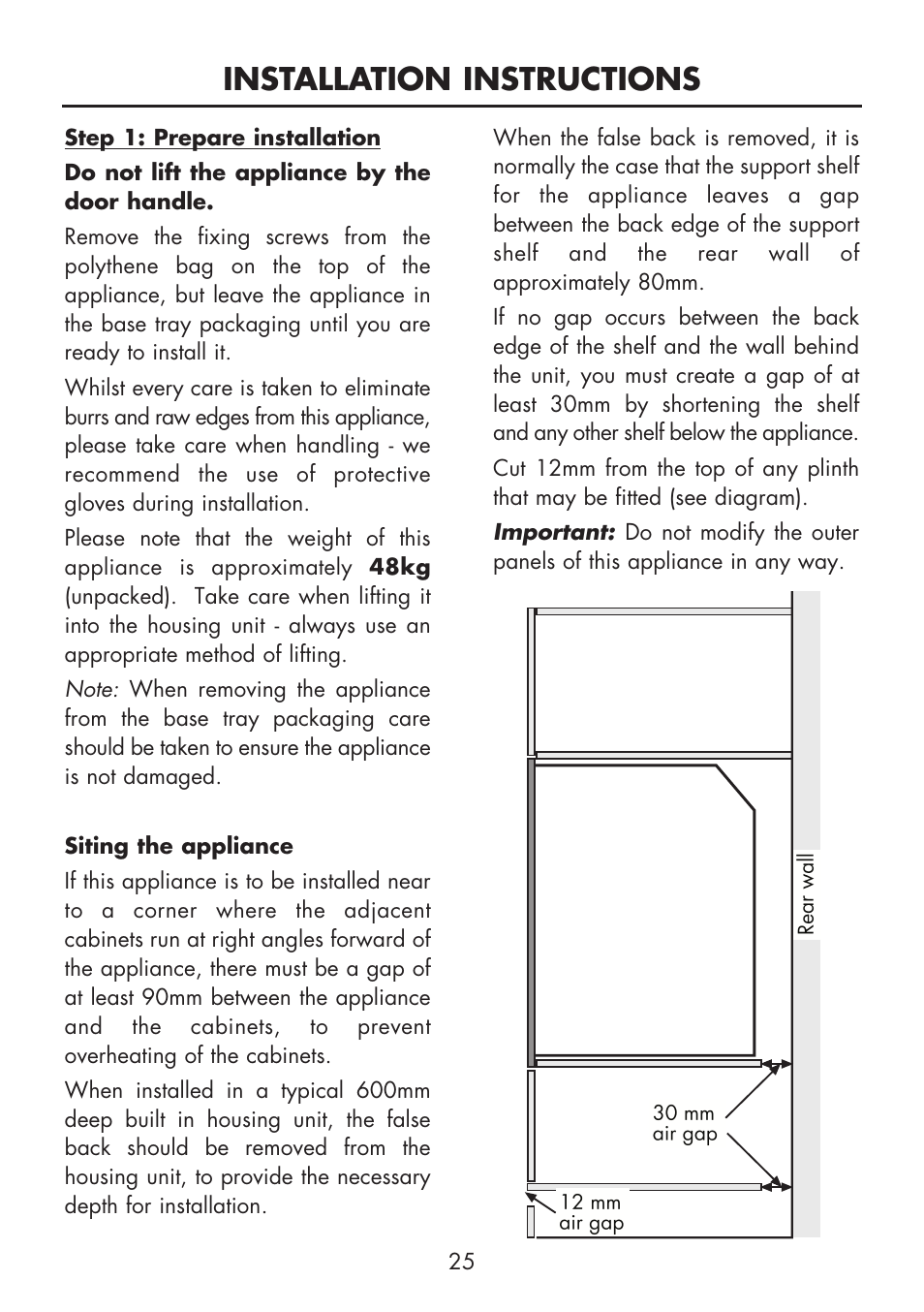 Installation instructions | Glen Dimplex Home Appliances Ltd BI 90 G User Manual | Page 27 / 36