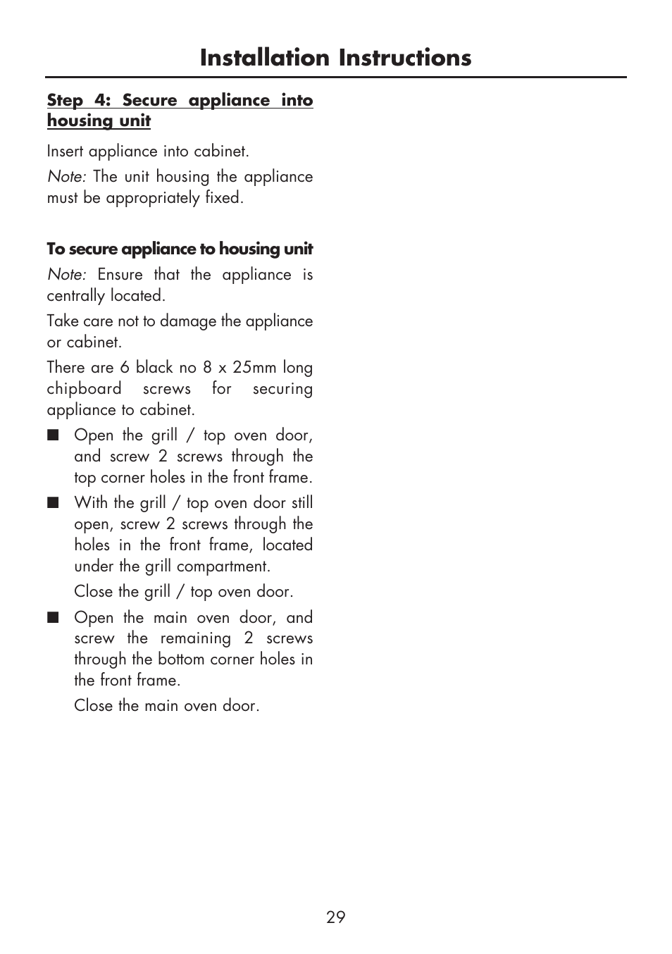 Installation instructions | Glen Dimplex Home Appliances Ltd BI 90 G User Manual | Page 31 / 36