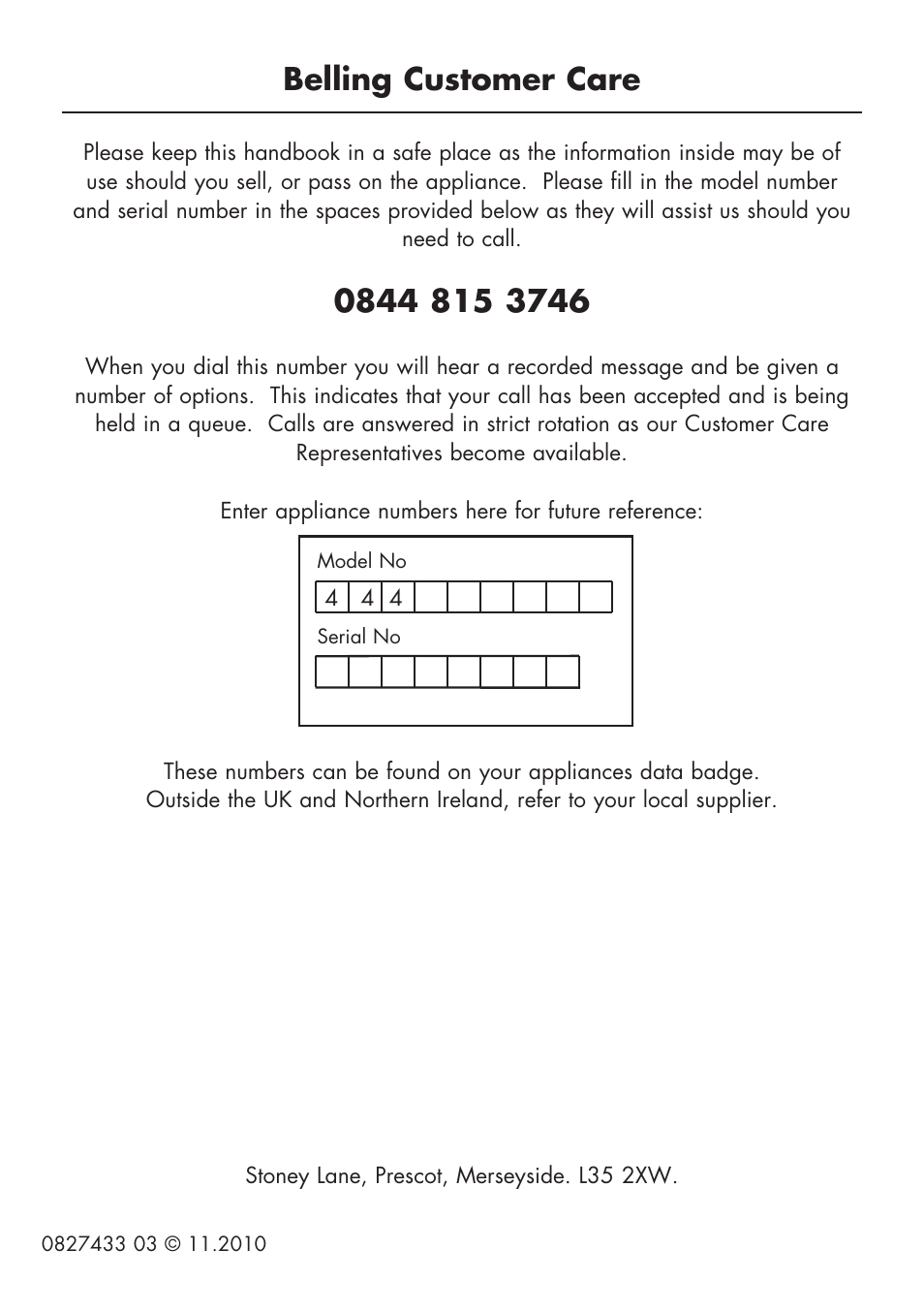 Belling customer care | Glen Dimplex Home Appliances Ltd BI 90 G User Manual | Page 36 / 36