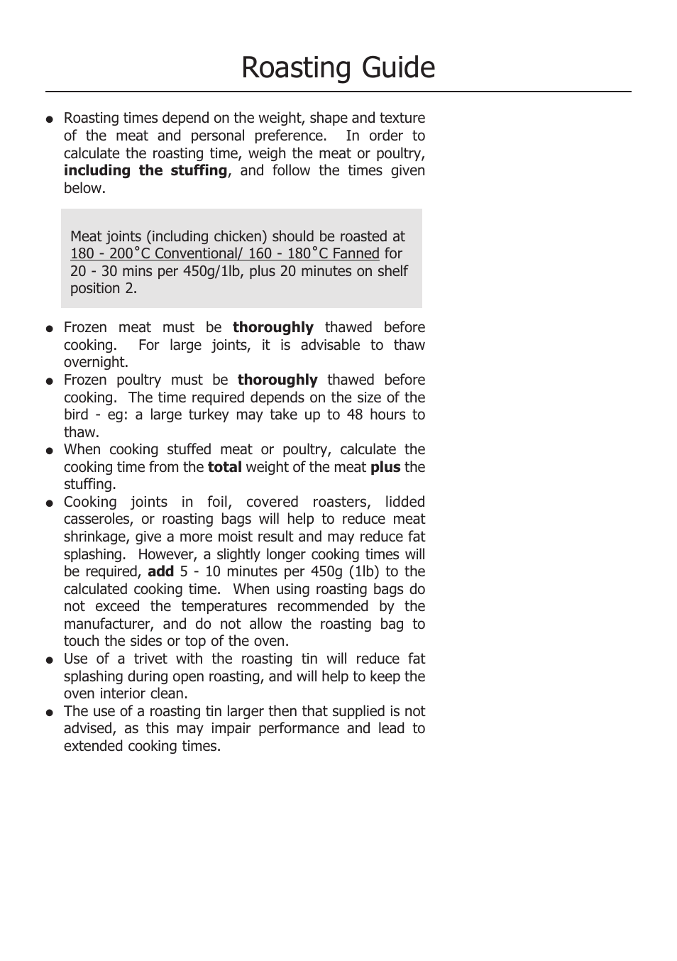 Roasting guide | Glen Dimplex Home Appliances Ltd COUNTRY CLASSIC 100 E User Manual | Page 16 / 30