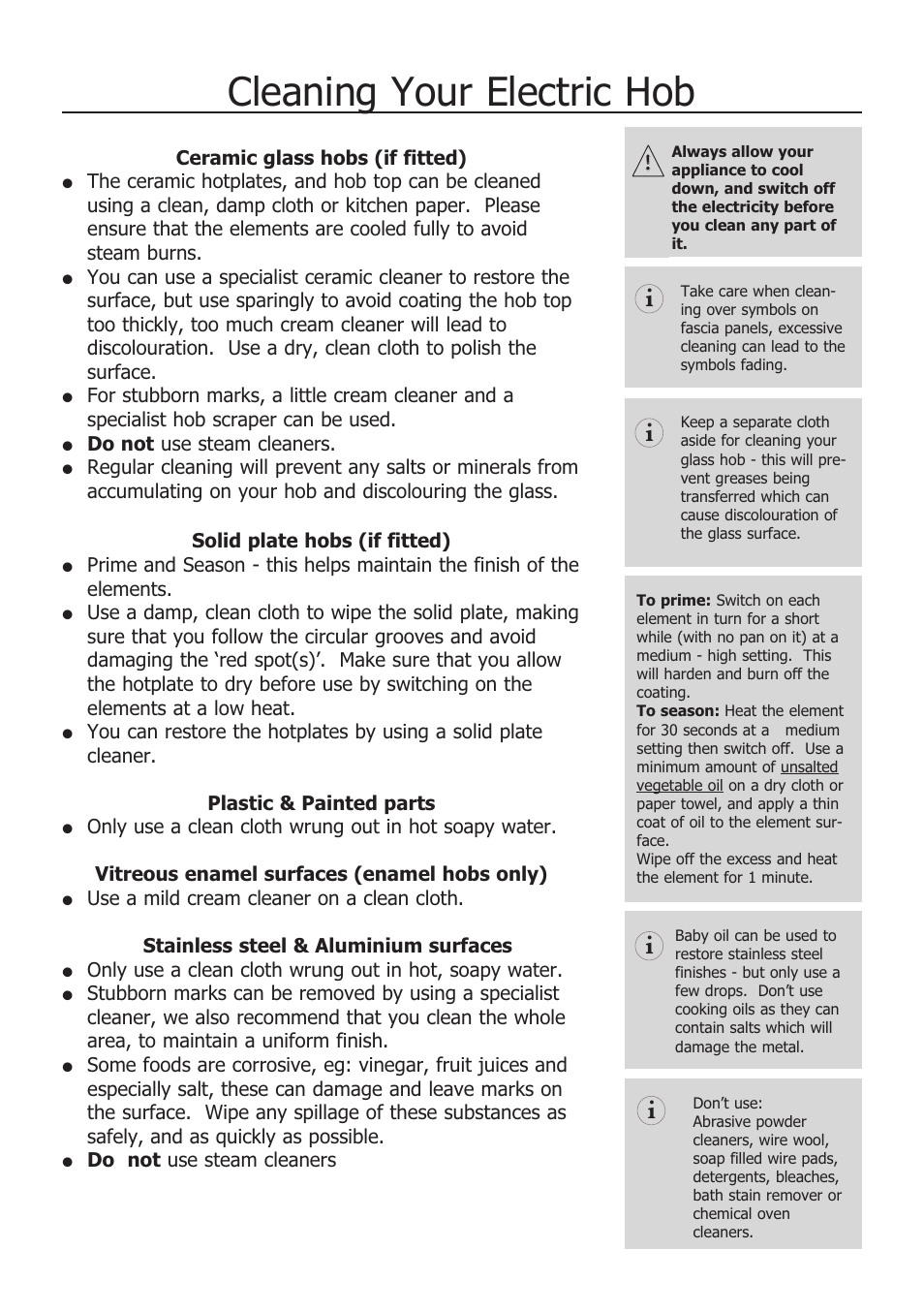 Cleaning your electric hob | Glen Dimplex Home Appliances Ltd COUNTRY CLASSIC 100 E User Manual | Page 19 / 30