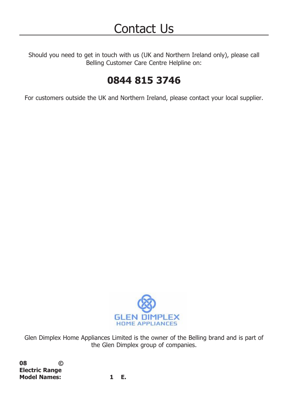 Contact us | Glen Dimplex Home Appliances Ltd COUNTRY CLASSIC 100 E User Manual | Page 30 / 30