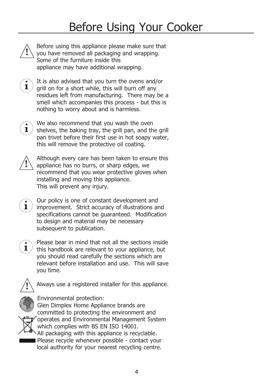 Before using your cooker | Glen Dimplex Home Appliances Ltd COUNTRY CLASSIC 100 E User Manual | Page 4 / 30