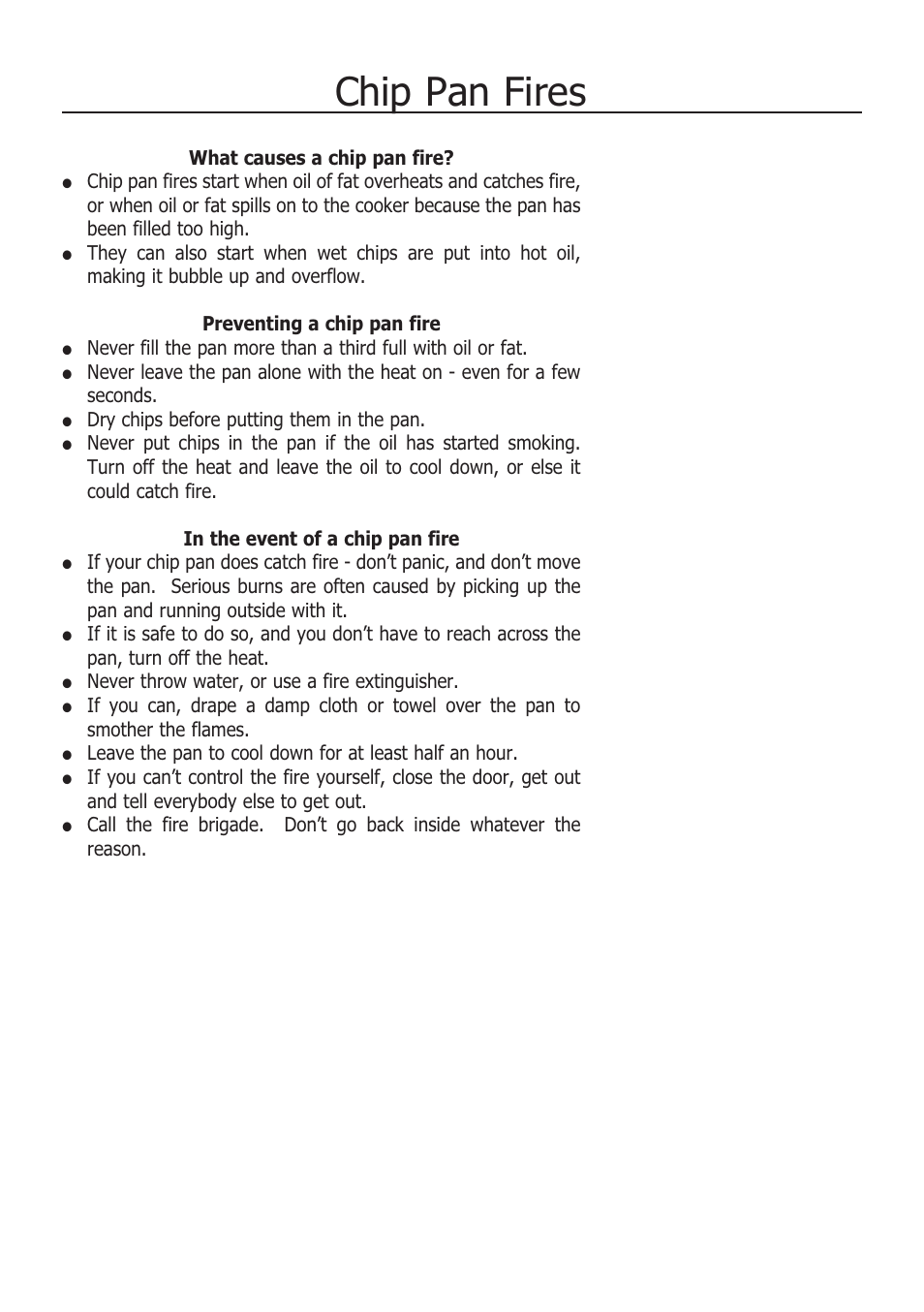 Chip pan fires | Glen Dimplex Home Appliances Ltd COUNTRY CLASSIC 100 E User Manual | Page 6 / 30