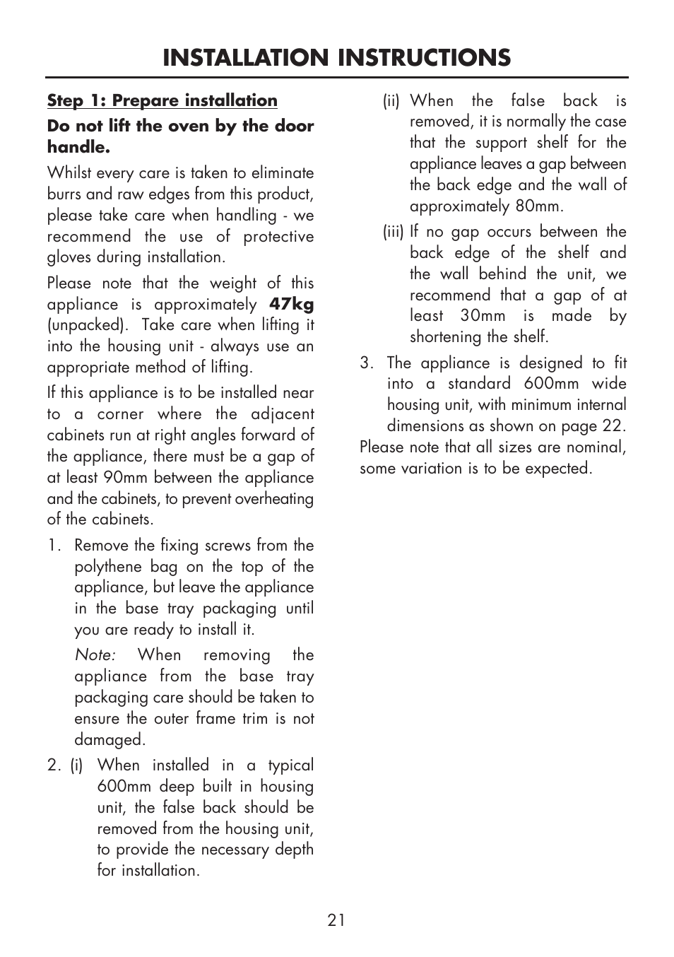 Installation instructions | Glen Dimplex Home Appliances Ltd BI 90 MF User Manual | Page 23 / 28