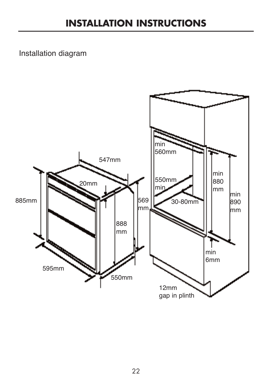 Installation instructions, Installation diagram | Glen Dimplex Home Appliances Ltd BI 90 MF User Manual | Page 24 / 28