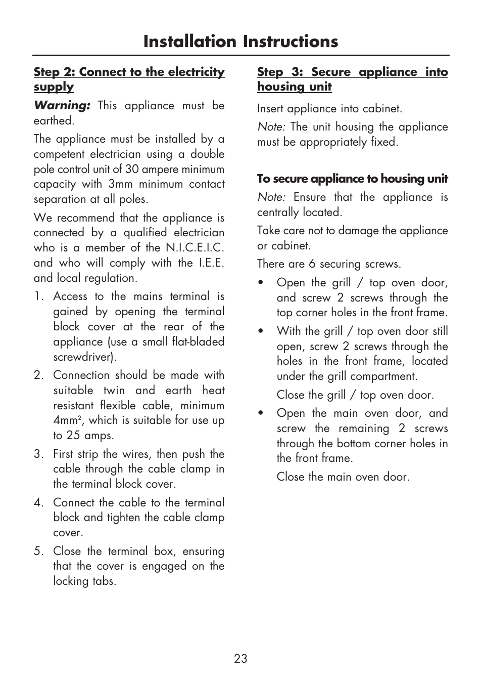 Installation instructions | Glen Dimplex Home Appliances Ltd BI 90 MF User Manual | Page 25 / 28