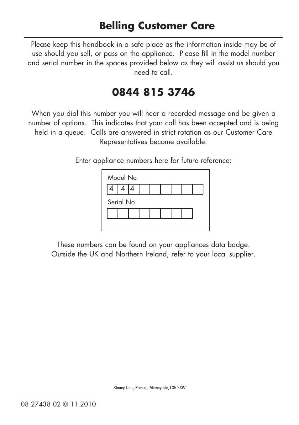Belling customer care | Glen Dimplex Home Appliances Ltd BI 90 MF User Manual | Page 28 / 28