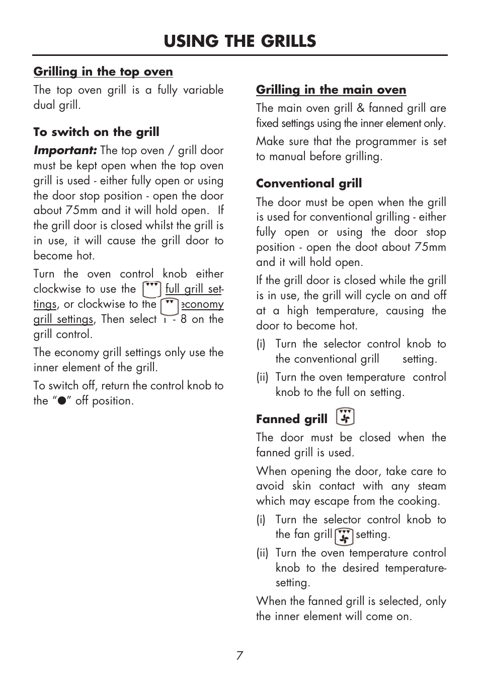 Using the grills | Glen Dimplex Home Appliances Ltd BI 90 MF User Manual | Page 9 / 28