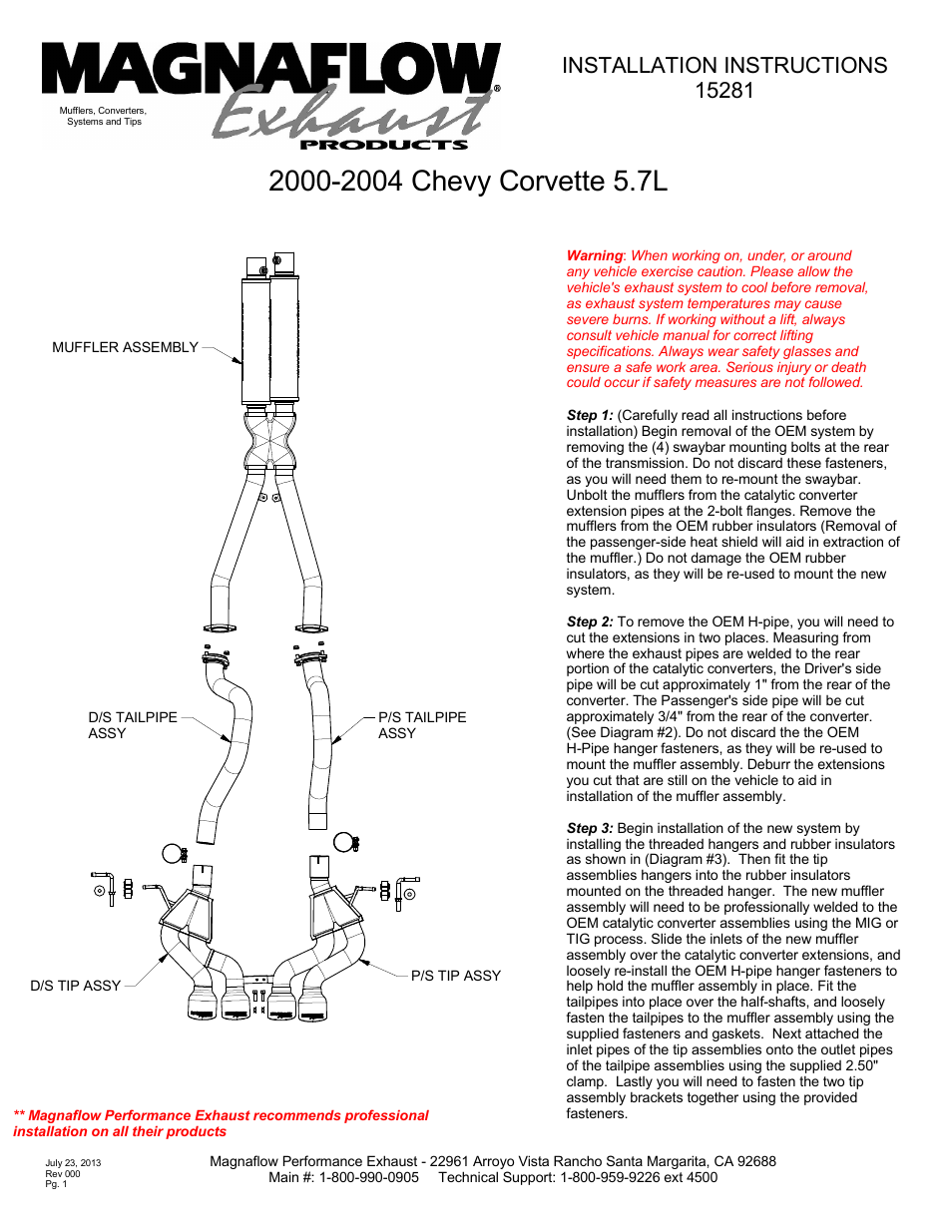 MagnaFlow CHEVROLET CORVETTE Stainless Cat-Back System PERFORMANCE EXHAUST User Manual | 2 pages