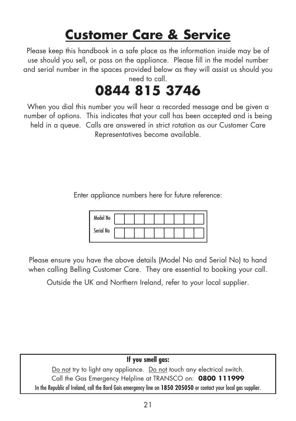 Customer care & service | Glen Dimplex Home Appliances Ltd Front & Side Control Gass Hobs 70T User Manual | Page 21 / 22