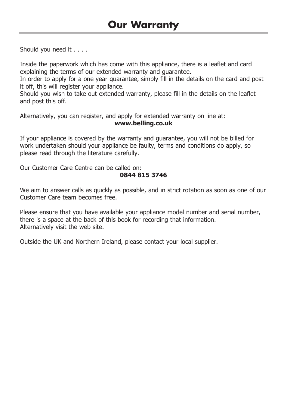 Our warranty | Glen Dimplex Home Appliances Ltd Front & Side Control Gass Hobs 70T User Manual | Page 3 / 22
