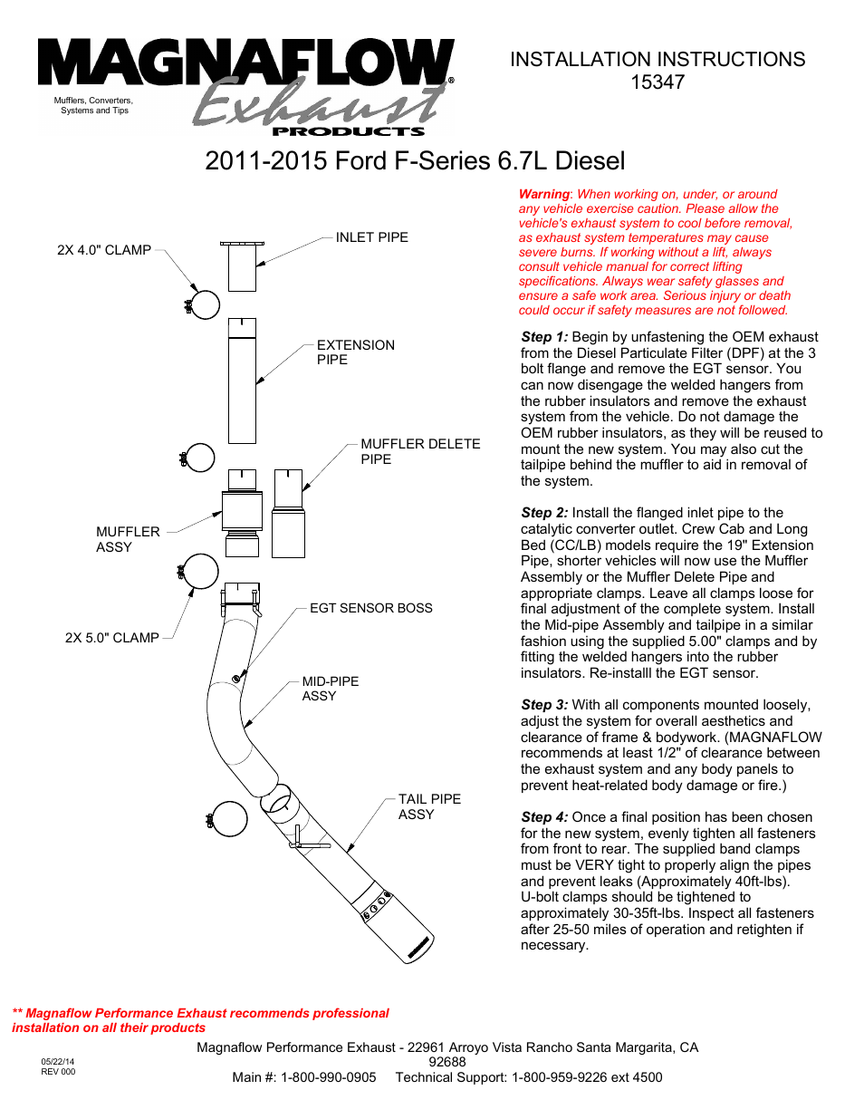 MagnaFlow FORD DIESEL 6.7L DIESEL, 5in XL Performance Diesel PERFORMANCE EXHAUST User Manual | 1 page