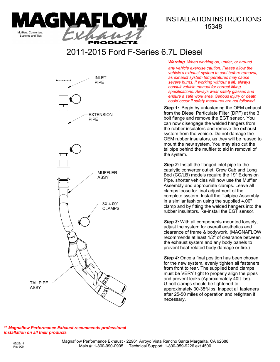 MagnaFlow FORD DIESEL 6.7L DIESEL, 4in DUAL XL Performance Diesel PERFORMANCE EXHAUST User Manual | 1 page