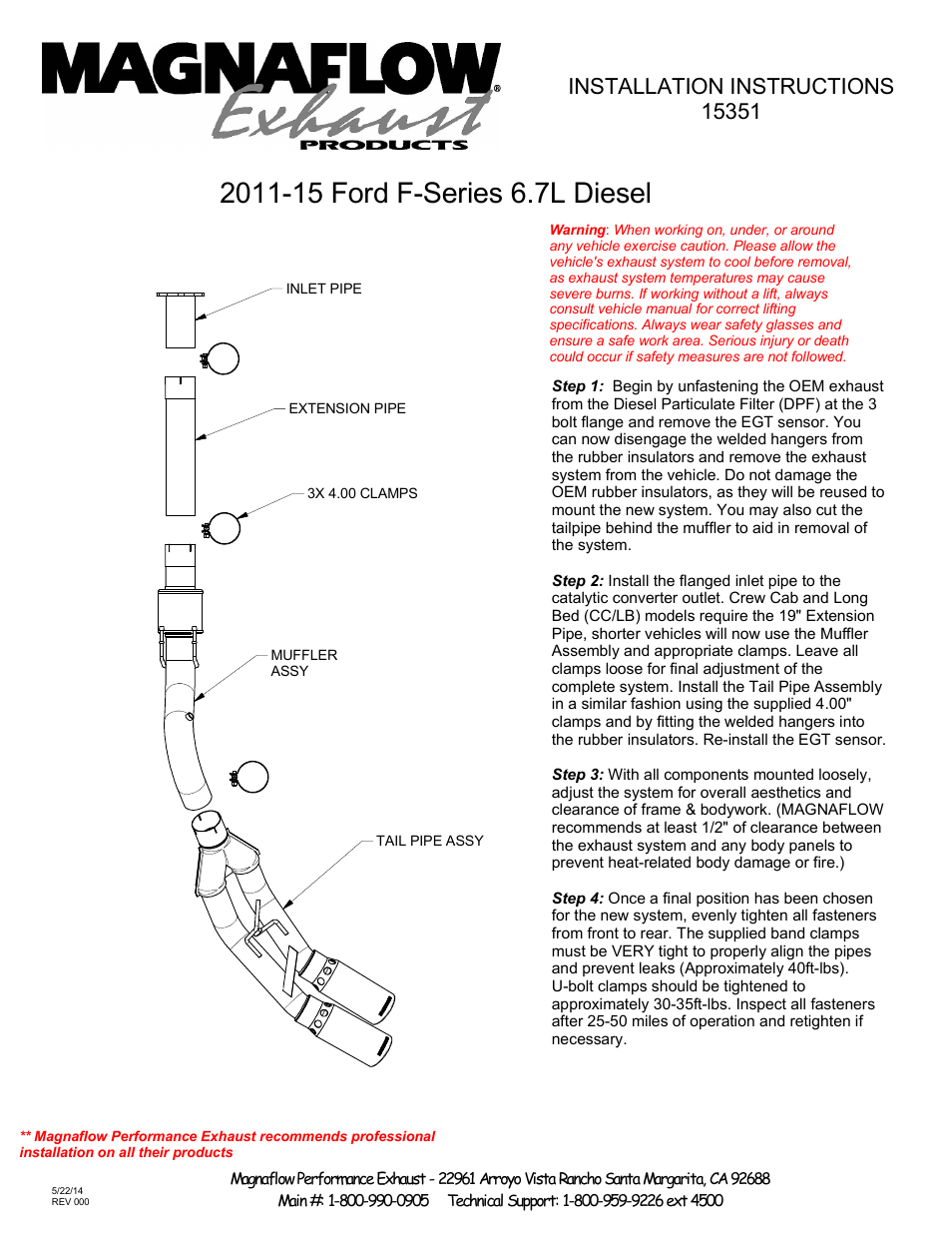 MagnaFlow FORD DIESEL 6.7L DIESEL, 4in DUAL MagnaFlow Diesel Performance PERFORMANCE EXHAUST User Manual | 1 page
