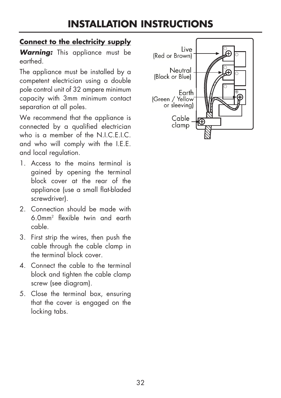 Installation instructions | Glen Dimplex Home Appliances Ltd FSE 60 DOP User Manual | Page 34 / 36