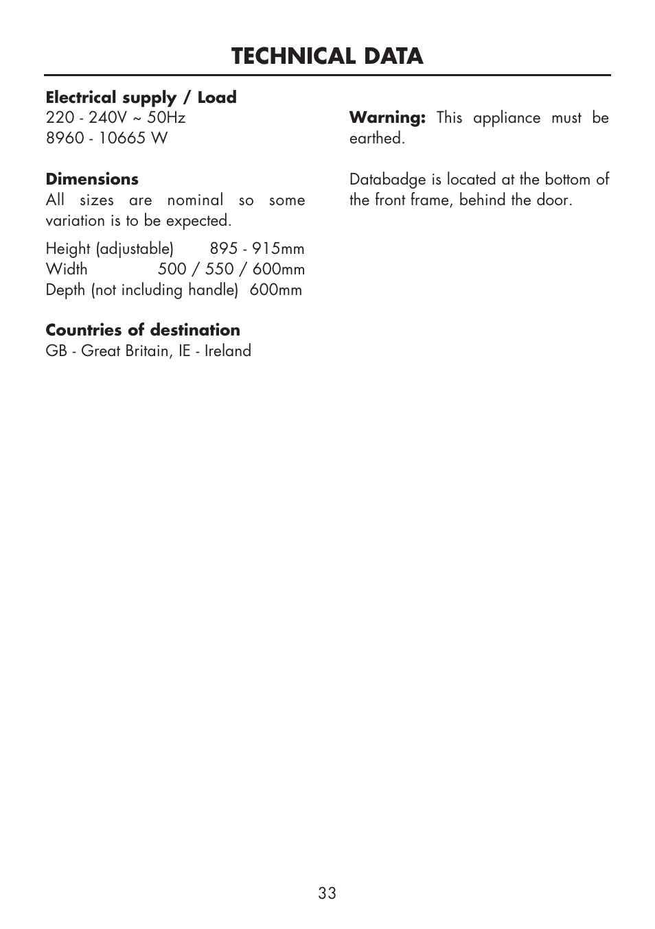 Technical data | Glen Dimplex Home Appliances Ltd FSE 60 DOP User Manual | Page 35 / 36