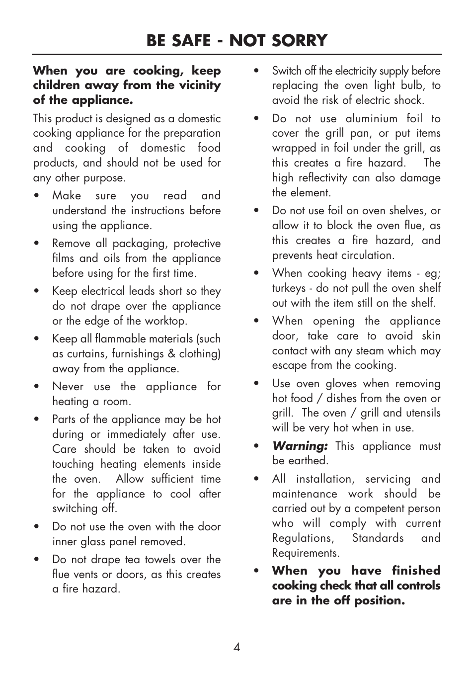 Be safe - not sorry | Glen Dimplex Home Appliances Ltd FSE 60 DOP User Manual | Page 6 / 36