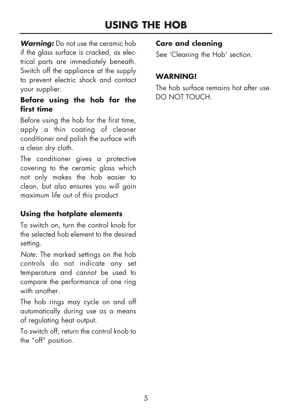 Using the hob | Glen Dimplex Home Appliances Ltd FSE 60 DOP User Manual | Page 7 / 36