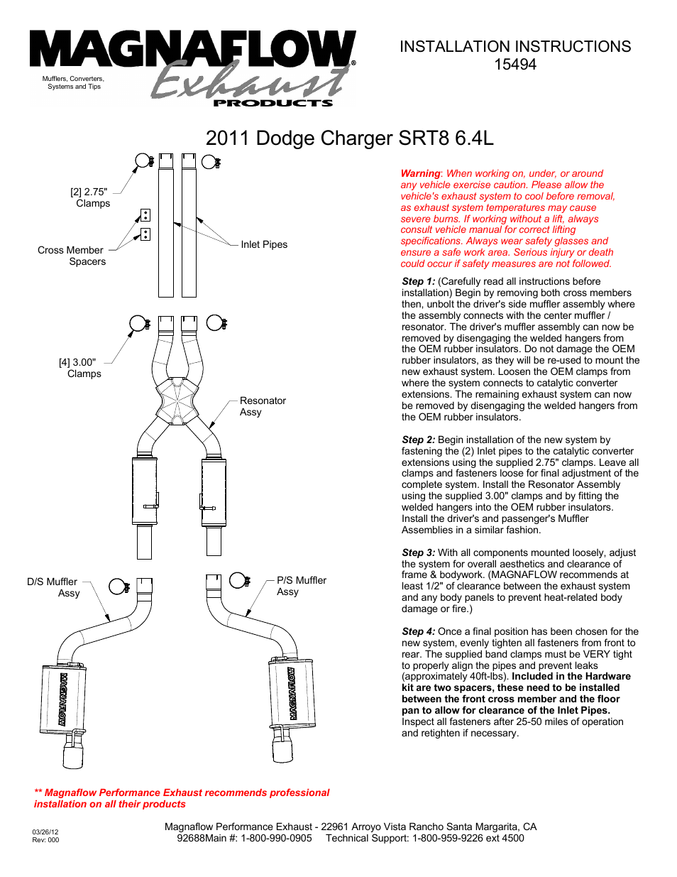 MagnaFlow DODGE CHARGER SRT-8 HEMI Stainless Cat-Back System PERFORMANCE EXHAUST User Manual | 1 page