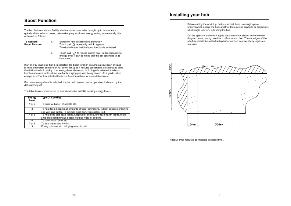 Boost function, Installing your hob | Glen Dimplex Home Appliances Ltd CTC60 User Manual | Page 5 / 10