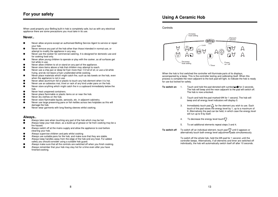 For your safety, Using a ceramic hob, Never | Always | Glen Dimplex Home Appliances Ltd CTC60 User Manual | Page 8 / 10