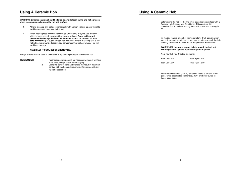 Using a ceramic hob | Glen Dimplex Home Appliances Ltd CTC60 User Manual | Page 9 / 10