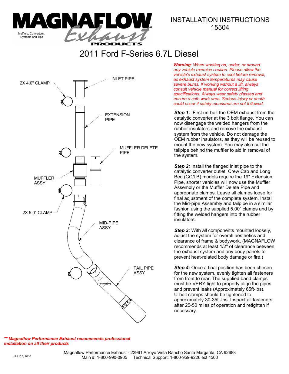 MagnaFlow FORD DIESEL 6.7L DIESEL, 5in XL Performance Diesel PERFORMANCE EXHAUST User Manual | 1 page