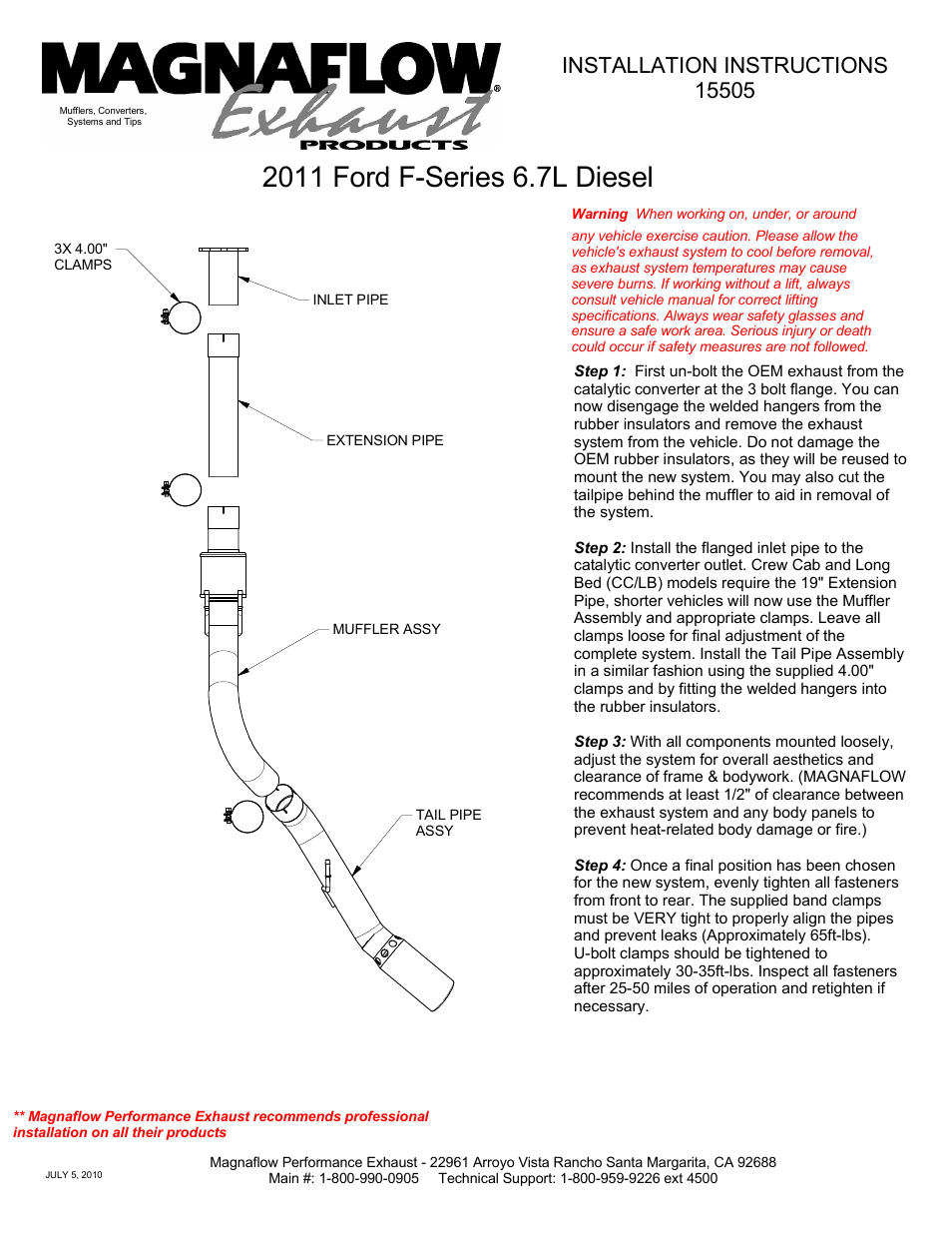 MagnaFlow FORD DIESEL 6.7L DIESEL, 4in MagnaFlow Diesel Performance PERFORMANCE EXHAUST User Manual | 1 page