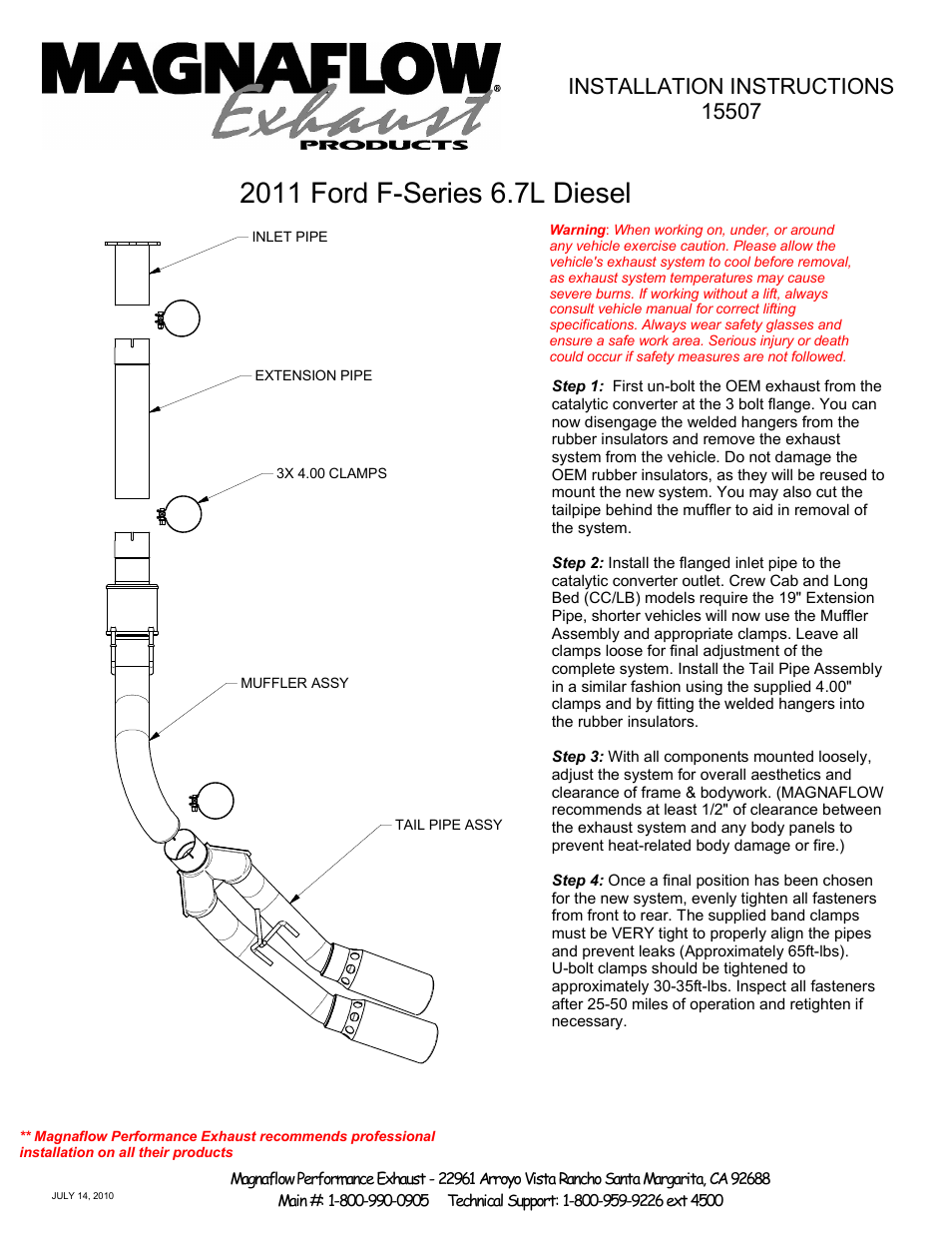 MagnaFlow FORD DIESEL 6.7L DIESEL, 4in DUAL MagnaFlow Diesel Performance PERFORMANCE EXHAUST User Manual | 1 page