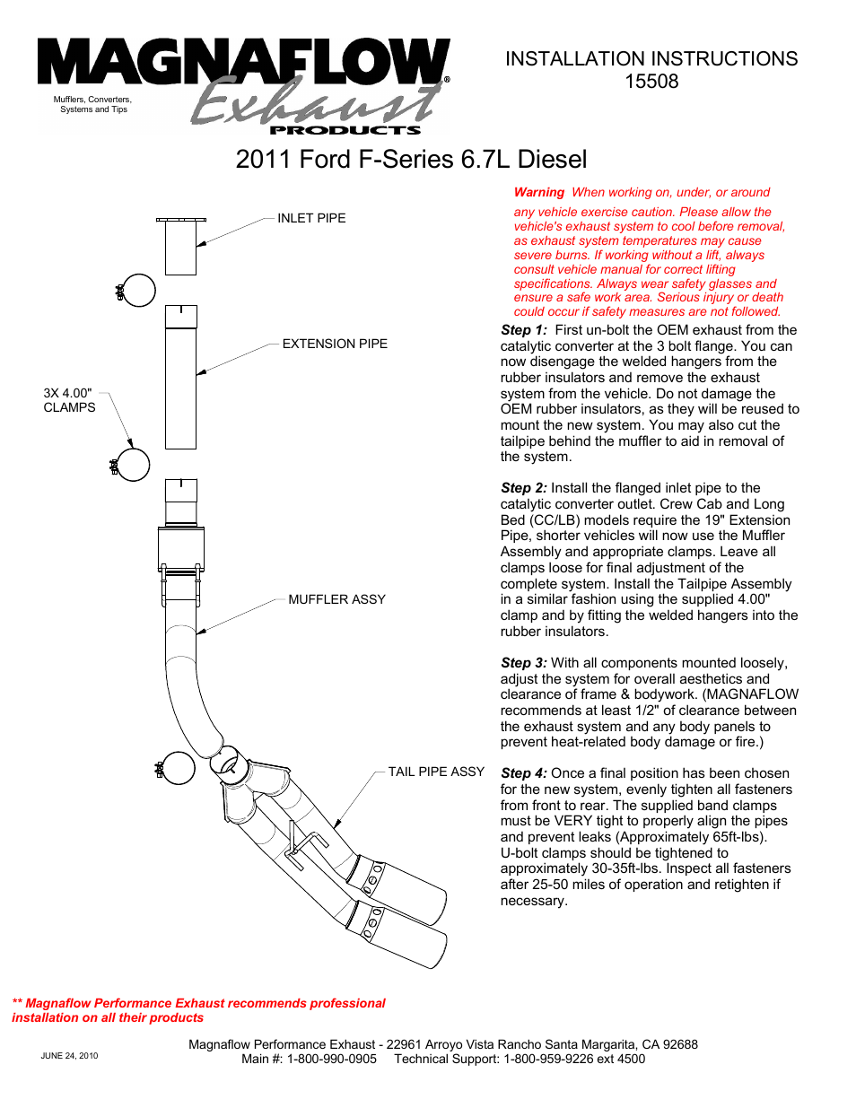 MagnaFlow FORD DIESEL 6.7L DIESEL, 4in DUAL XL Performance Diesel PERFORMANCE EXHAUST User Manual | 1 page