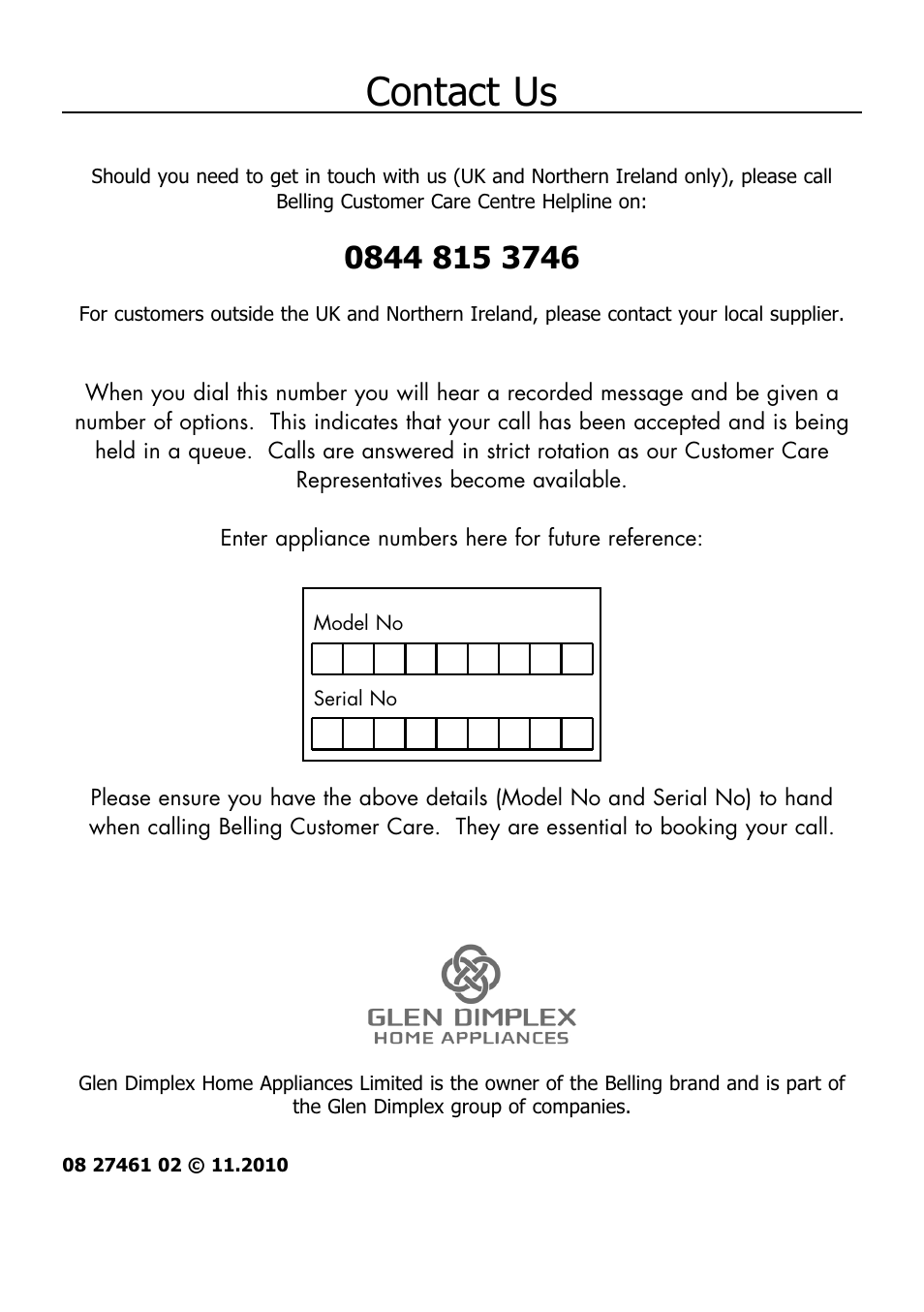 Contact us | Glen Dimplex Home Appliances Ltd FS 60 DO DF User Manual | Page 28 / 28