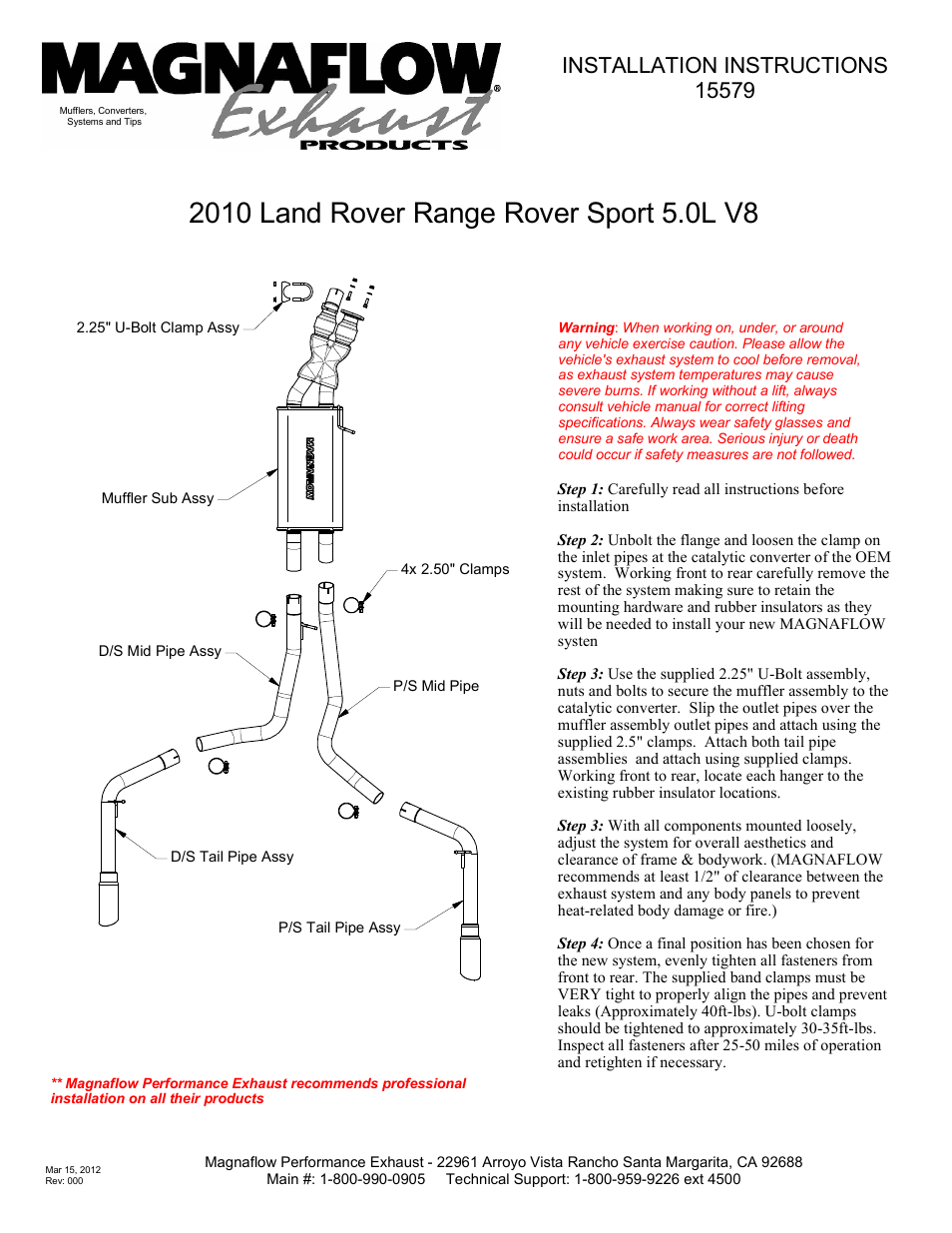 MagnaFlow LAND ROVER TRUCK RANGE ROVER SPORT Stainless Cat-Back System PERFORMANCE EXHAUST User Manual | 1 page